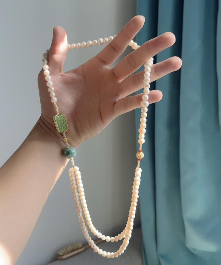 Retro White Alloy Jade Pearl Beading Gratuated Bead Necklace