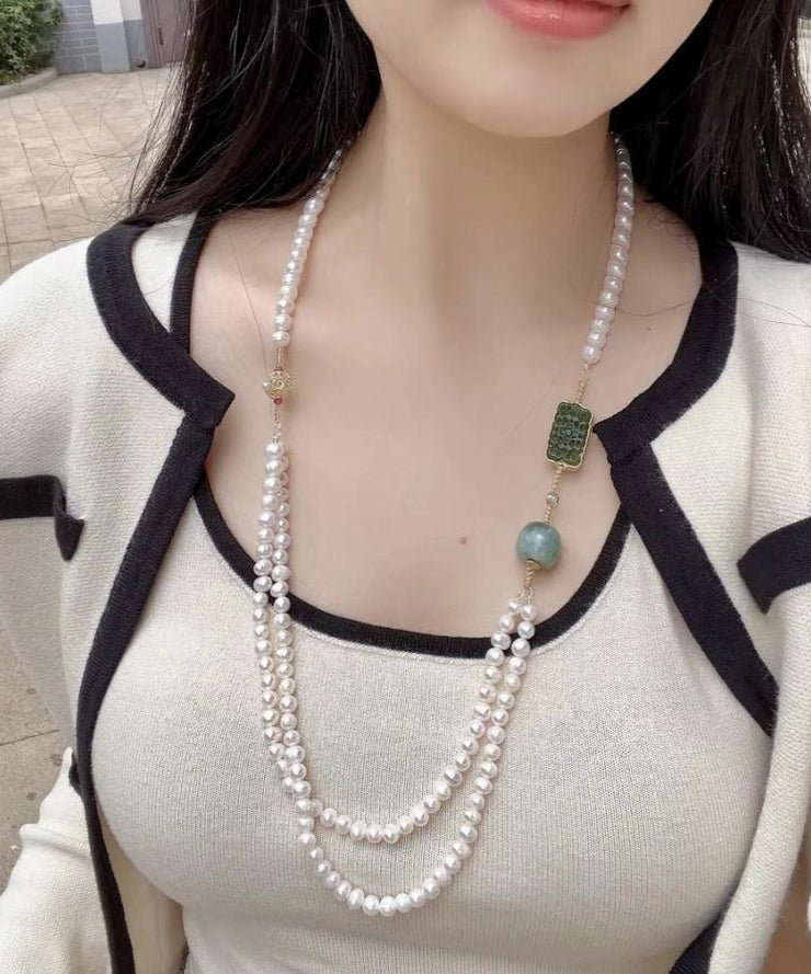 Retro White Alloy Jade Pearl Beading Gratuated Bead Necklace