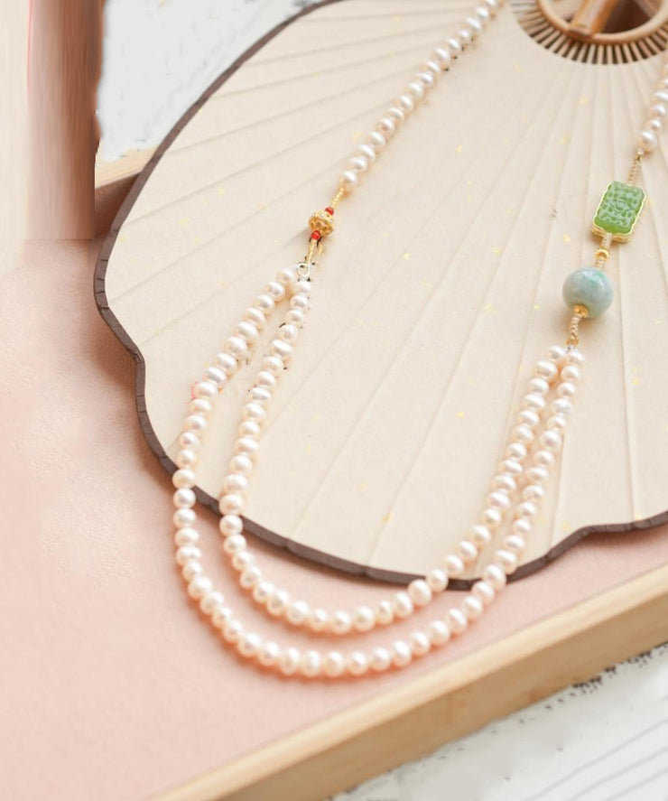 Retro White Alloy Jade Pearl Beading Gratuated Bead Necklace