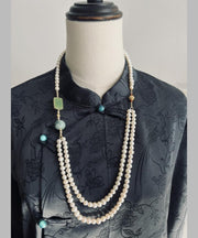 Retro White Alloy Jade Pearl Beading Gratuated Bead Necklace