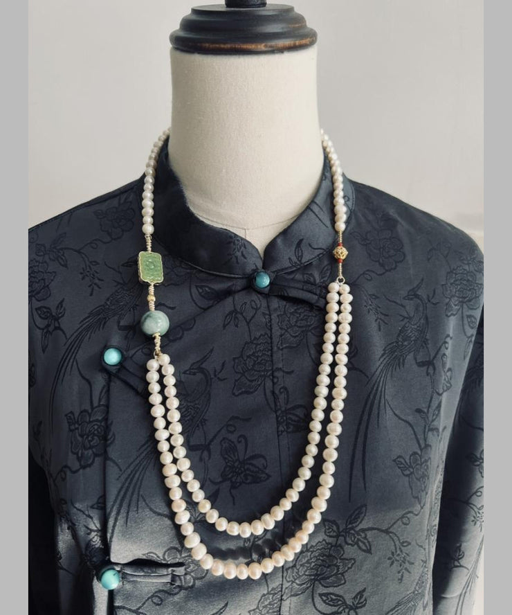 Retro White Alloy Jade Pearl Beading Gratuated Bead Necklace