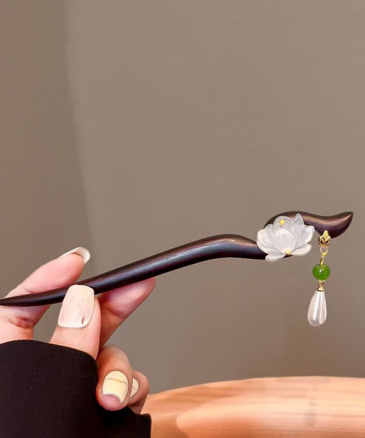 Retro White Wooden Overgild Lotus Pearl Tassel Hairpin