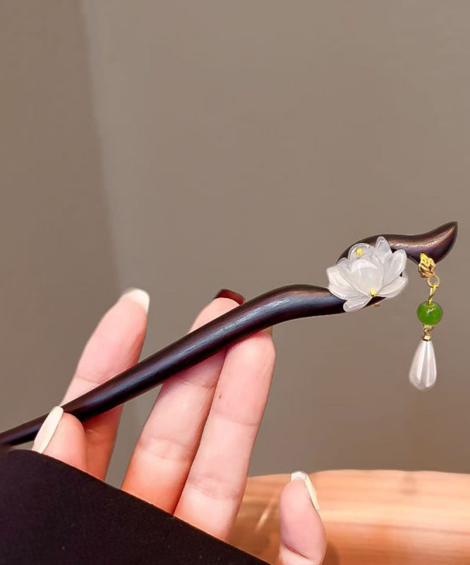 Retro White Wooden Overgild Lotus Pearl Tassel Hairpin