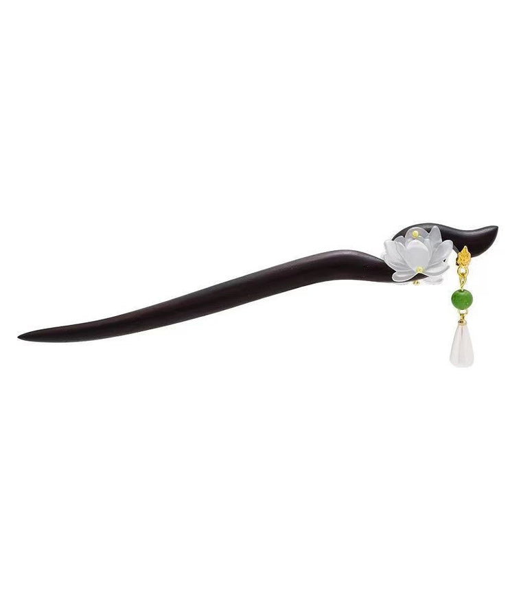 Retro White Wooden Overgild Lotus Pearl Tassel Hairpin