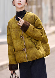 Retro Yellow O Neck Pockets Patchwork Duck Down Jackets Winter