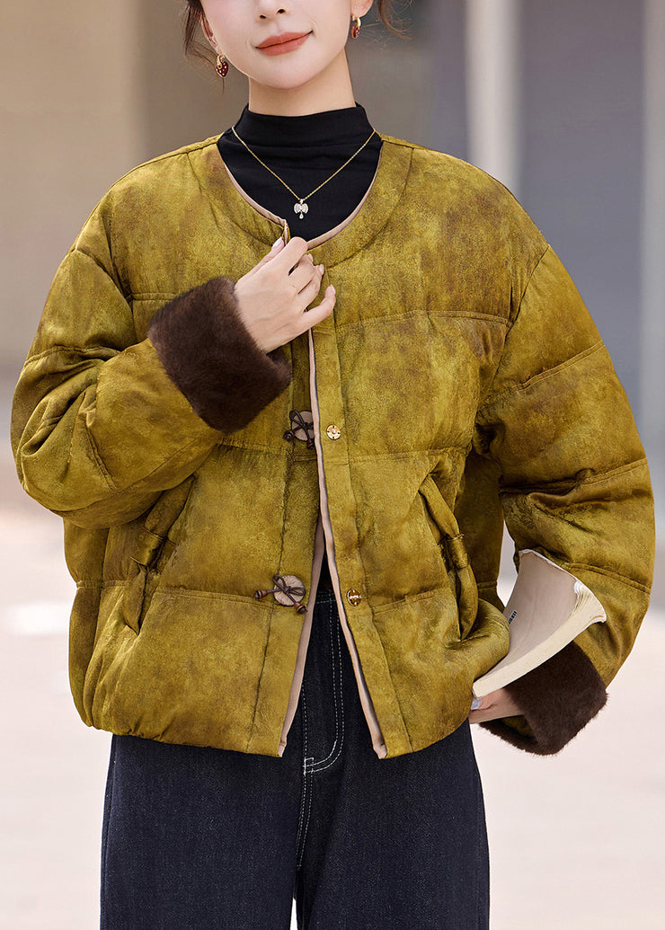 Retro Yellow O Neck Pockets Patchwork Duck Down Jackets Winter