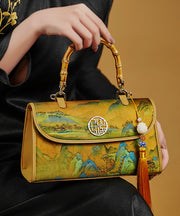 Retro Yellow Print Tassel Decorated Silk Tote Bag