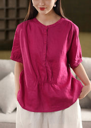 Rose Button Wrinkled Loose Linen Shirt O Neck