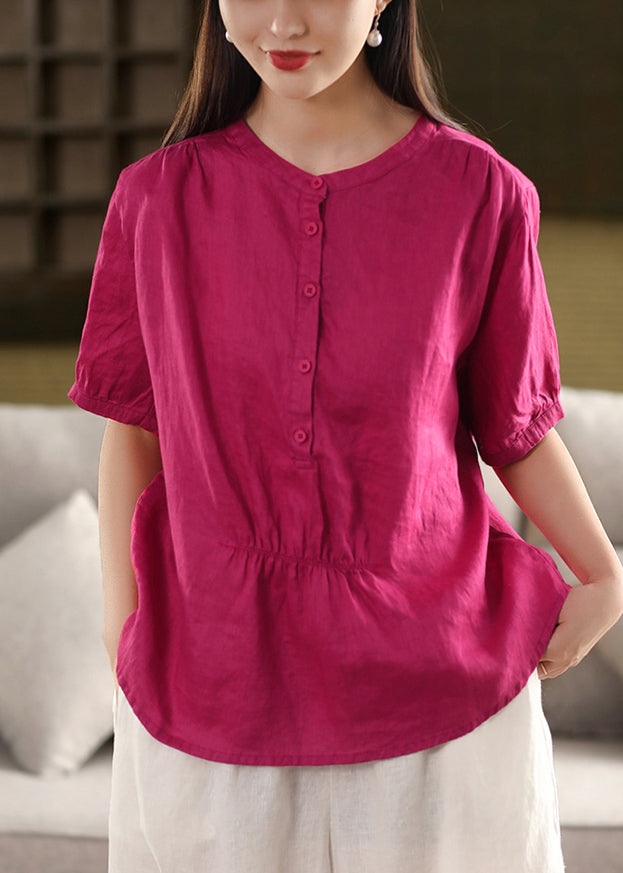 Rose Button Wrinkled Loose Linen Shirt O Neck