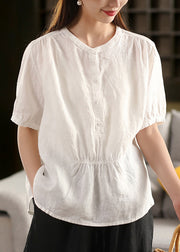 Rose Button Wrinkled Loose Linen Shirt O Neck