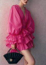 Rose Cotton Mini Dress Puff Sleeve Deep-V Neck