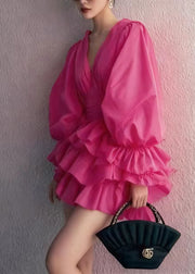 Rose Cotton Mini Dress Puff Sleeve Deep-V Neck
