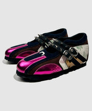 Rose Cowhide Leather Women Splicing Rivet Wedge Heels Shoes