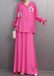 Rose Floral Button Shirts And Maxi Skirts Two Piece Set Flare Sleeve