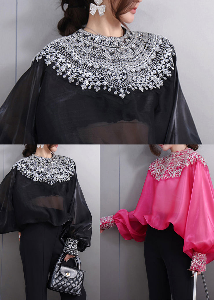 Rose Patchwork Sequins Blouses Oversized Batwing Sleeve