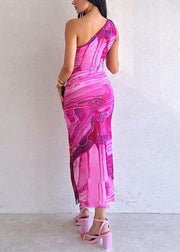 Rose Print Cotton Long Dresses One Shoulder Summer