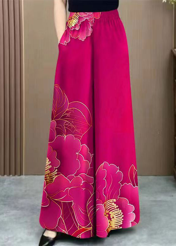 Rose Print Elastic Waist Cotton Wide Leg Pants Pockets Summer