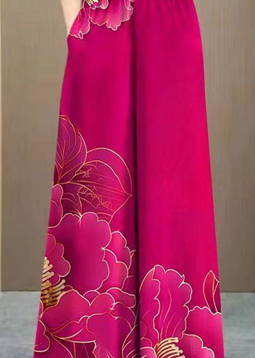 Rose Print Elastic Waist Cotton Wide Leg Pants Pockets Summer
