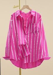 Rose Striped Pockets Cotton Fall Shirts Peter Pan Collar