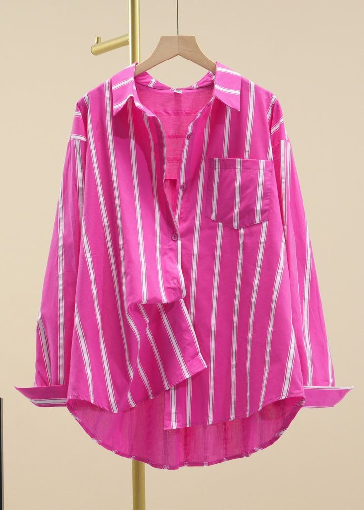 Rose Striped Pockets Cotton Fall Shirts Peter Pan Collar