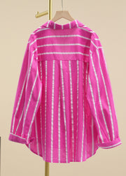 Rose Striped Pockets Cotton Fall Shirts Peter Pan Collar