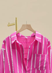 Rose Striped Pockets Cotton Fall Shirts Peter Pan Collar