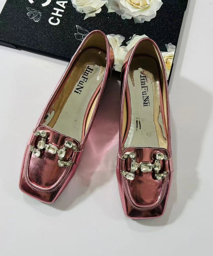 Rose Zircon Faux Leather Square Toe 2025 New Flats