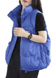 Royal Blue Button Patchwork Duck Down Waistcoat Stand Collar Winter