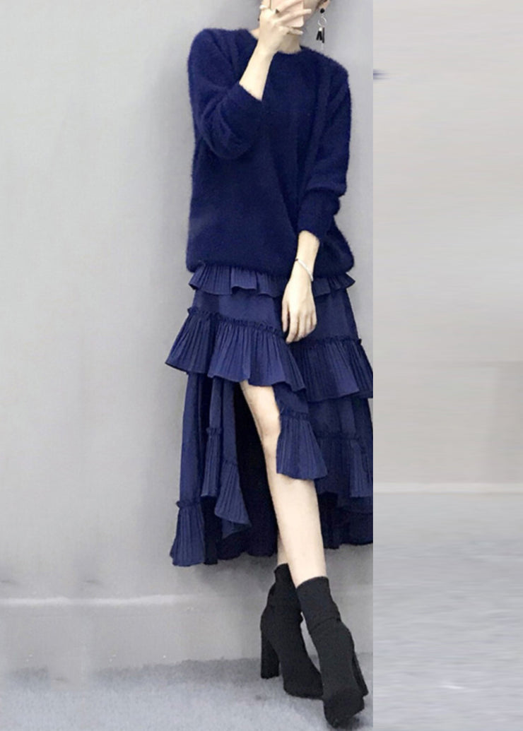 Royal Blue Cotton Knit Sweaters And Long Dress Two Pieces Set Lantern Sleeve