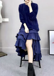 Royal Blue Cotton Knit Sweaters And Long Dress Two Pieces Set Lantern Sleeve