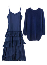 Royal Blue Cotton Knit Sweaters And Long Dress Two Pieces Set Lantern Sleeve