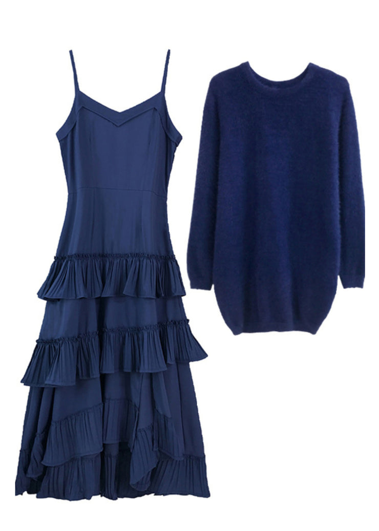 Royal Blue Cotton Knit Sweaters And Long Dress Two Pieces Set Lantern Sleeve