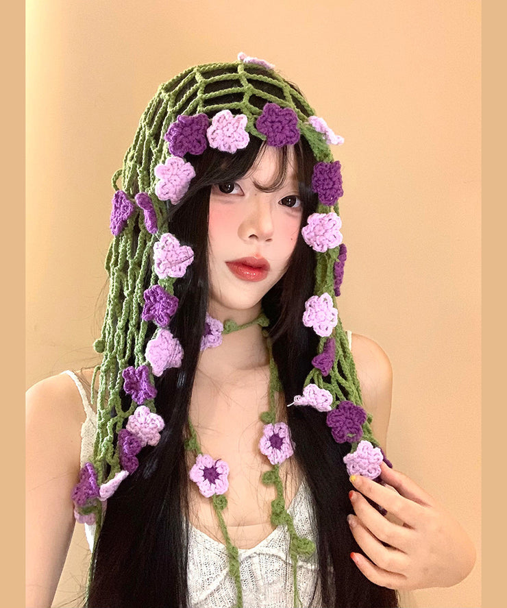 Rural Style Flower Knitted Waist Scarf Triangular Headscarf