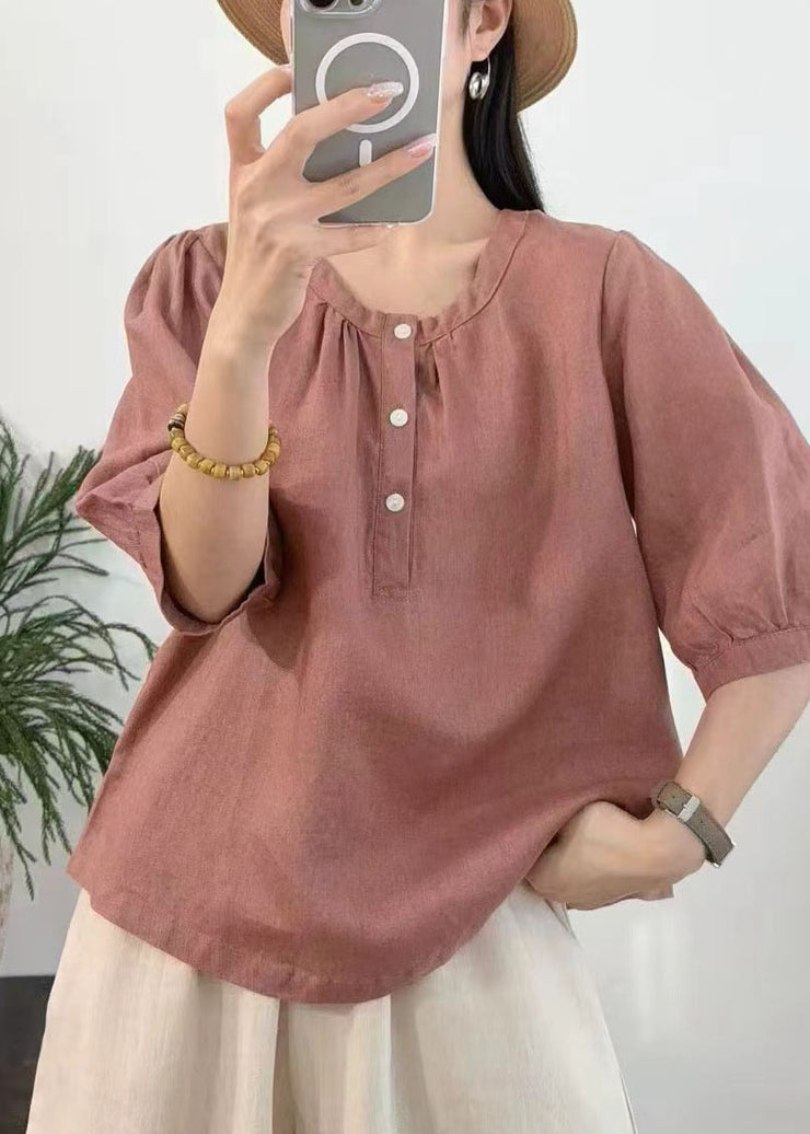 Rust Red Linen Shirt Tops O-Neck Oversized Summer