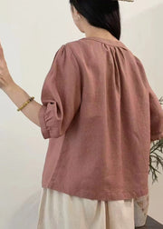 Rust Red Linen Shirt Tops O-Neck Oversized Summer