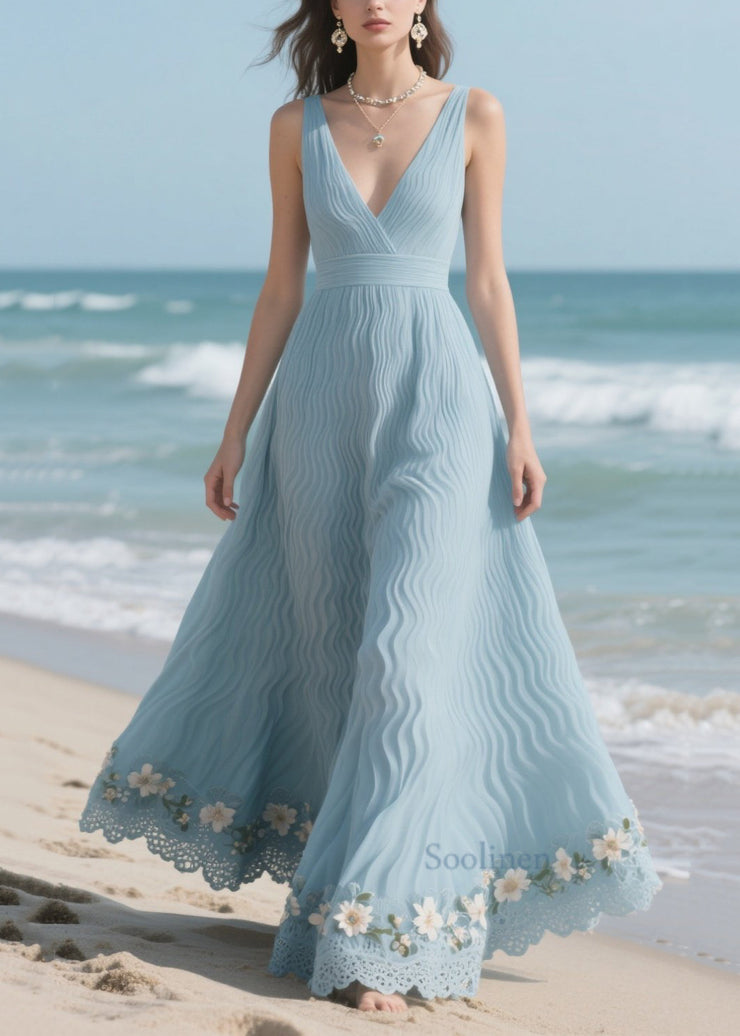 Sea Blue Patchwork Flower Decorated Wrinkled Chiffon Dress Summer