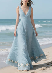 Sea Blue Patchwork Flower Decorated Wrinkled Chiffon Dress Summer