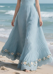 Sea Blue Patchwork Flower Decorated Wrinkled Chiffon Dress Summer