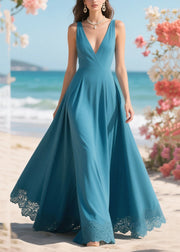 Sea Blue Patchwork Lace Party Dress Exra Large Hem Summer