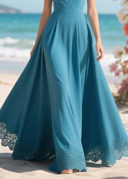 Sea Blue Patchwork Lace Party Dress Exra Large Hem Summer
