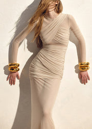 Sexy Apricot O-Neck Wrinkled Maxi Dresses Spring
