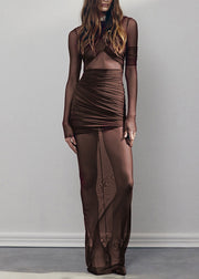 Sexy Apricot O-Neck Wrinkled Maxi Dresses Spring
