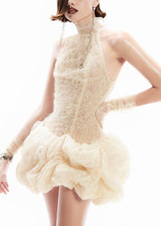 Sexy Apricot Turtleneck Patchwork Lace Mid Dress Sleeveless