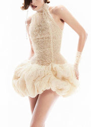 Sexy Apricot Turtleneck Patchwork Lace Mid Dress Sleeveless