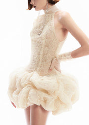 Sexy Apricot Turtleneck Patchwork Lace Mid Dress Sleeveless