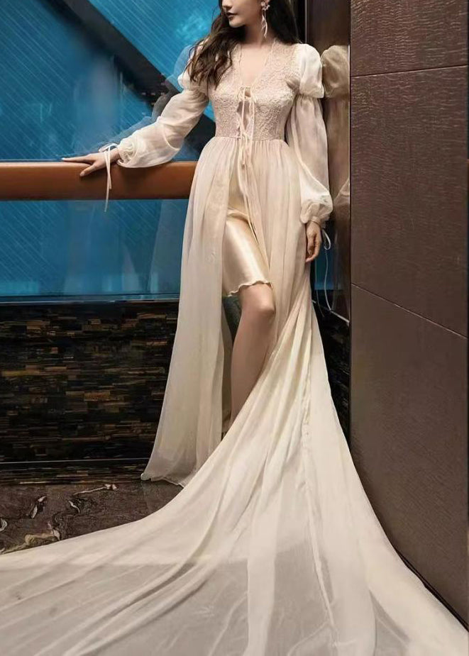 Sexy Beige Lace Lace Up Tulle Pajamas Two Pieces Set Fall