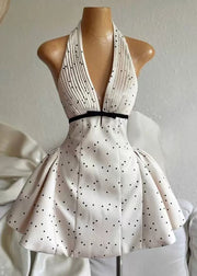 Sexy Beige V Neck Backless Dot Cotton Mini Dress Sleeveless