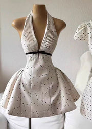 Sexy Beige V Neck Backless Dot Cotton Mini Dress Sleeveless