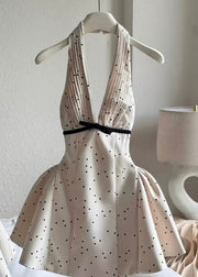 Sexy Beige V Neck Backless Dot Cotton Mini Dress Sleeveless