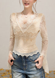 Sexy Beige V Neck Patchwork Lace Shirt Flare Sleeve